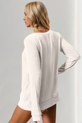 Double Take Corded Rib Thumbhole Cuff Round Neck T-Shirt OutfitFlow